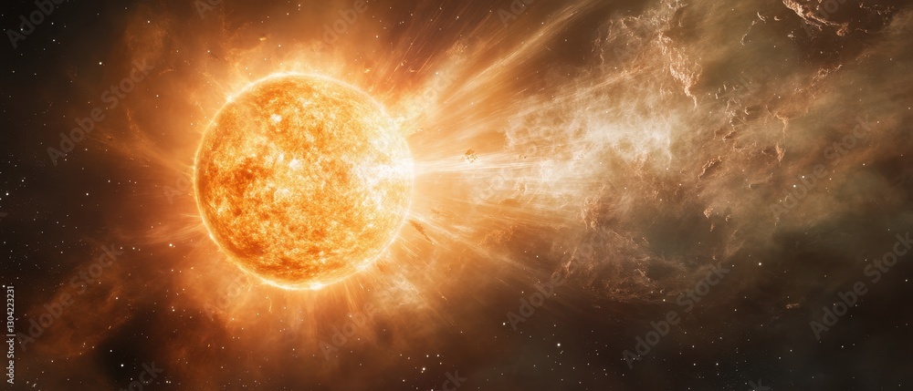 Obraz premium A vibrant sun emits solar flares, illuminating the cosmic scene with fiery energy amidst the vastness of space.