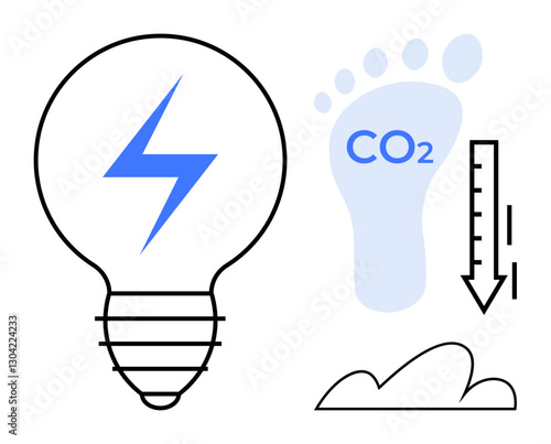 Lightbulb with energy symbol, carbon footprint with CO2, thermometer and downward arrow, cloud. Ideal for sustainability, energy efficiency, green technology, ecology, climate action renewable