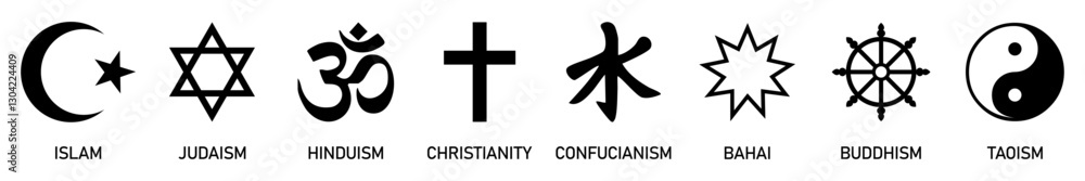 Obraz premium Set of world religion sign symbol. Islam, judaism, hinduism, christiani, confucianism, bahia, buddhism and taoism, with english labeling. Silhouette icons. Flat style. Vector illustration.