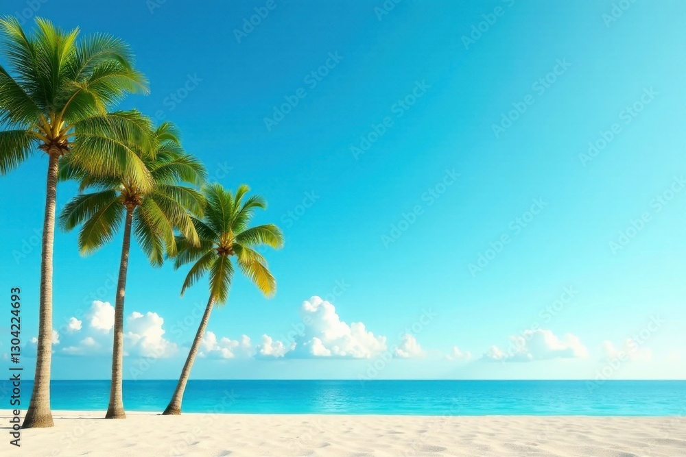 Serene Tropical Beach Scene Three Palm Trees Gracefully Frame a Pristine Shoreline Under a Vivid Blue Sky Serene Tropical Beach Scene Three Palm Trees Gracefully Frame a Pristine Shoreline Under a Vivid Blue Sky