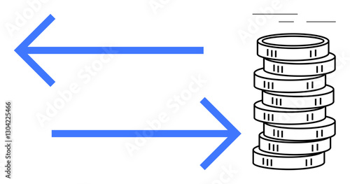 Bidirectional blue arrows pointing towards a stack of coins symbolize financial exchange, asset transfer, or currency trading. Ideal for banking, investment, economy, trade, transaction, payment