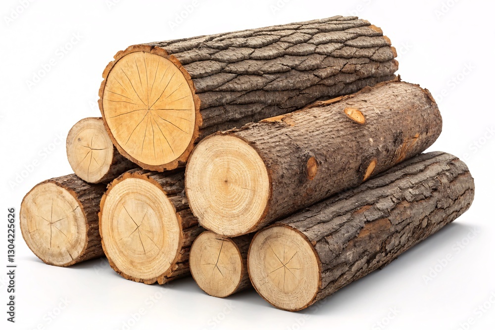 Stack of natural wooden logs with rough bark and visible tree rings on a white background Stack of natural wooden logs with rough bark and visible tree rings on a white background