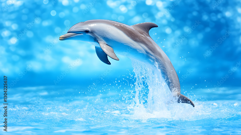 Naklejka premium A playful dolphin leaps out of the water, creating a splash against a vibrant blue background, showcasing its agility and grace