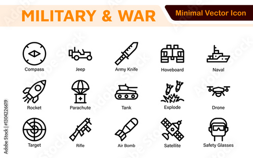 Military & War Icon Set. A powerful collection of icons representing defense and combat themes, perfect for enhancing educational materials, military websites, and historical projects.