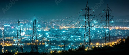 Night City Skyline with Power Lines
