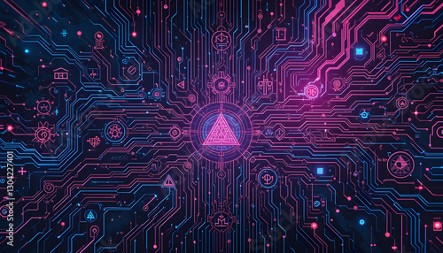 Ancient Glyphs and Glowing Circuits Merge in a Mystical Technological Pattern
