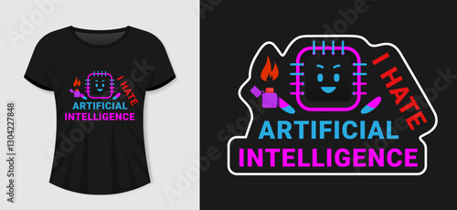 AI themed clothing print design with t-shirt mockup and text inscription I hate artificial intelligence