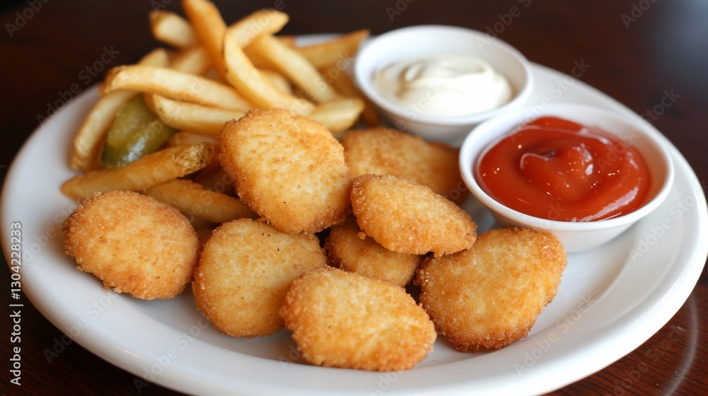 Crispy Chicken Nuggets, Fries, Dips, Restaurant Table Crispy Chicken Nuggets, Fries, Dips, Restaurant Table