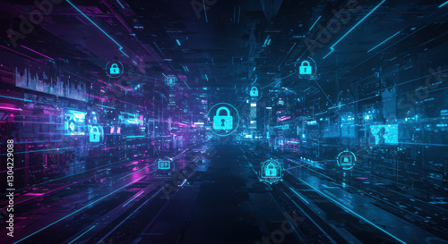 Glowing padlocks in a cyberpunk scene illustrate digital cybersecurity concepts.