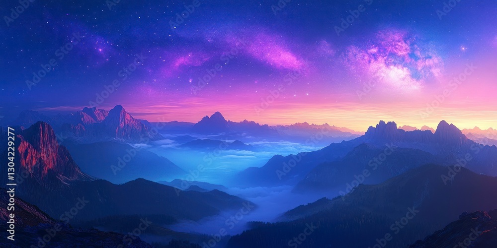 Starry sky over the Dolomites, a view from above with mountains in the mist and the Milky Way galaxy, in shades of blue, purple, and pink Starry sky over the Dolomites, a view from above with mountains in the mist and the Milky Way galaxy, in shades of blue, purple, and pink