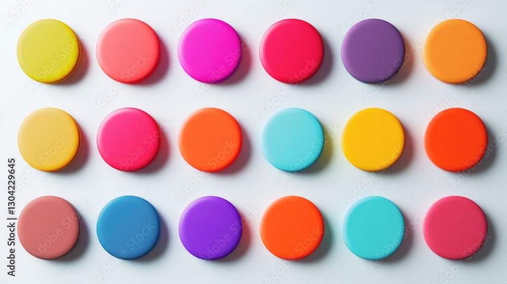 A set of colorful 3D circle buttons in vibrant hues, creatively displayed for design inspiration, offering a fun and energetic visual impact for projects A set of colorful 3D circle buttons in vibrant hues, creatively displayed for design inspiration, offering a fun and energetic visual impact for projects