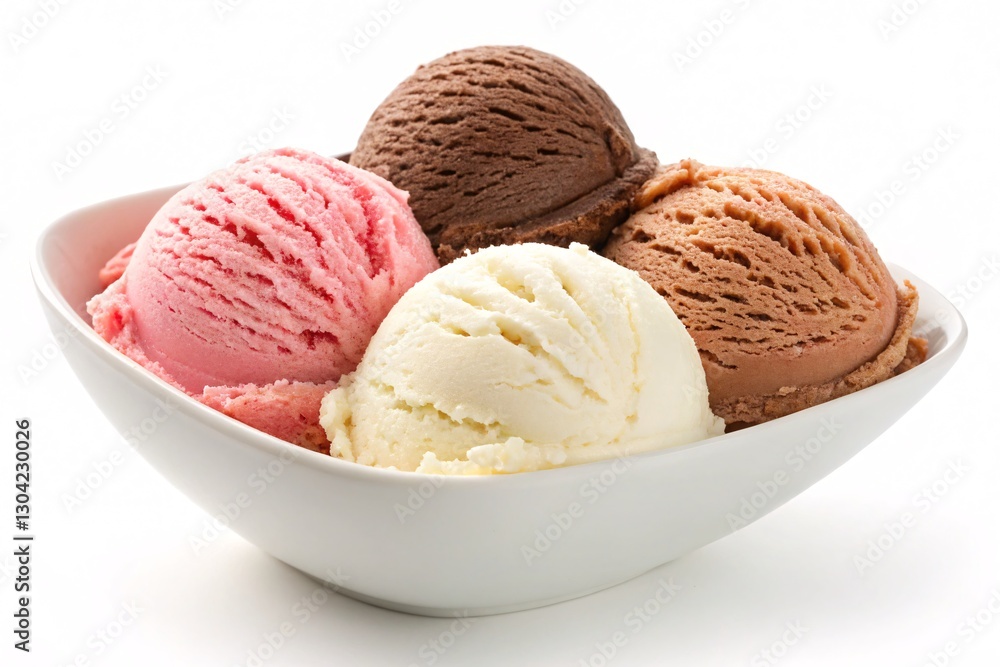 Assorted scoops of vanilla, chocolate, strawberry, and coffee ice cream in a white bowl on a white background Assorted scoops of vanilla, chocolate, strawberry, and coffee ice cream in a white bowl on a white background