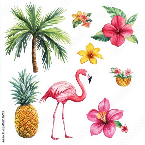 A pink flamingo is standing next to a pineapple