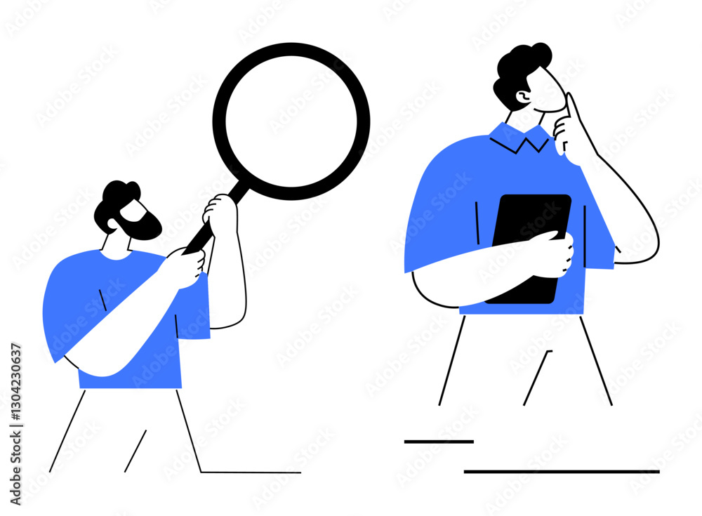 Two men examining details, one holding a magnifying glass, the other holding a tablet and thinking. Ideal for research, analysis, decision-making, investigation, problem-solving, strategy Two men examining details, one holding a magnifying glass, the other holding a tablet and thinking. Ideal for research, analysis, decision-making, investigation, problem-solving, strategy