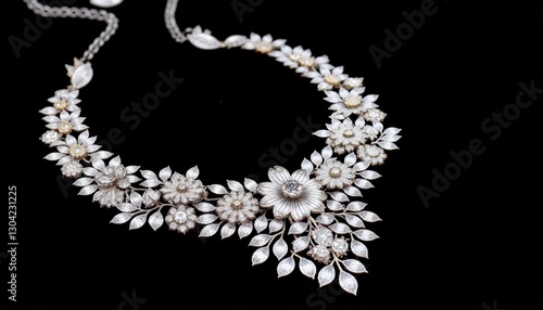 A necklace with a large flower pendant is shown on a black background