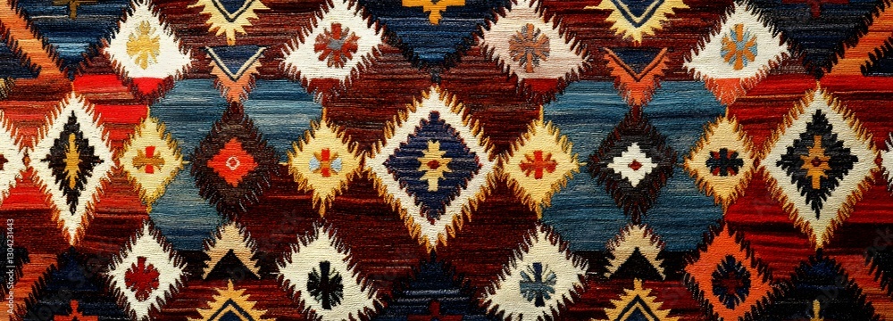 Fototapeta premium Geometric Symphony of Culture: A vibrant textile piece showcases a mosaic of diamond and geometric patterns, the intricate design reflecting rich cultural heritage and artistry.