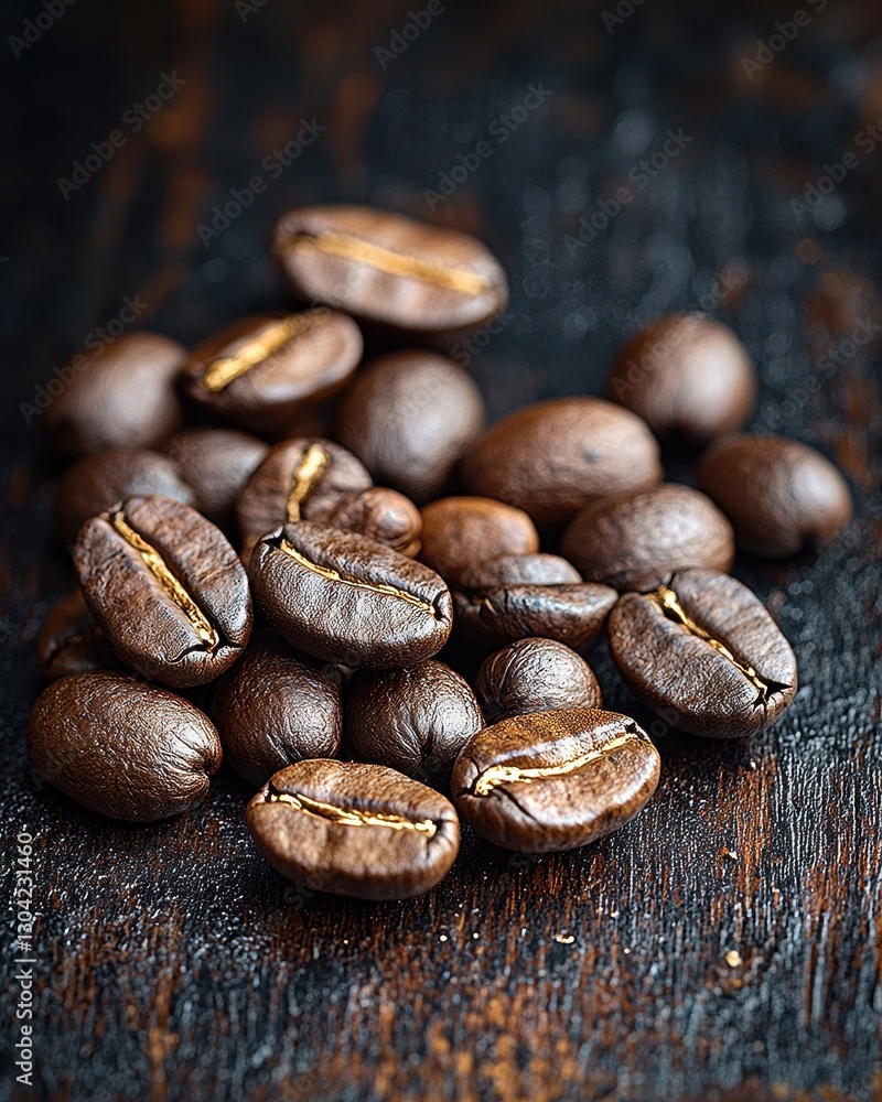 Aromatic coffee beans are artfully arranged in graceful, organic shapes on a rustic wooden table, contrasting beautifully against a sleek black background, enhancing their rich textures. Aromatic coffee beans are artfully arranged in graceful, organic shapes on a rustic wooden table, contrasting beautifully against a sleek black background, enhancing their rich textures.