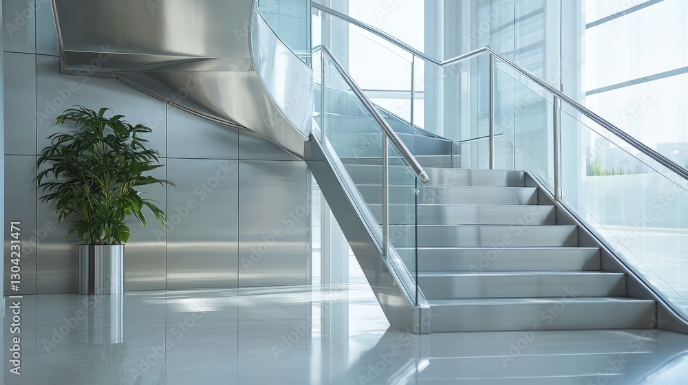 Obraz premium A stunning stainless steel staircase with polished surfaces, reflecting soft natural light, adding elegance to a modern interior