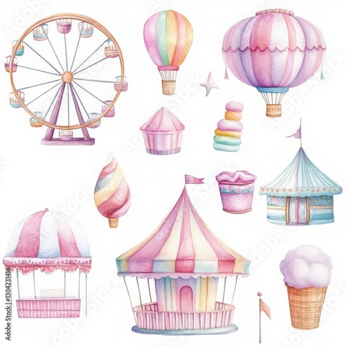 A set of colorful carnival-themed illustrations, including a Ferris wheel