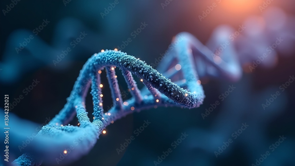 Detailed view of a DNA double helix structure illuminated with glowing elements in a dark background Detailed view of a DNA double helix structure illuminated with glowing elements in a dark background