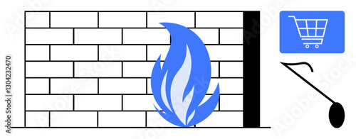 Brick wall and flame symbolizing cybersecurity, adjacent to a shopping cart and malicious hook. Ideal for cybersecurity, online shopping, firewall, hacking prevention, digital safety, e-commerce