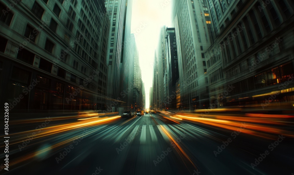 Fototapeta premium The background is an urban street with tall buildings, featuring motion blur and blurred light rays in the foreground