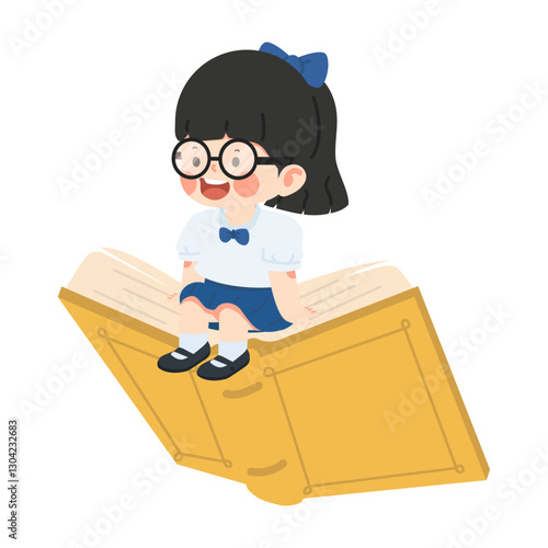 Little kids riding on a book and flying