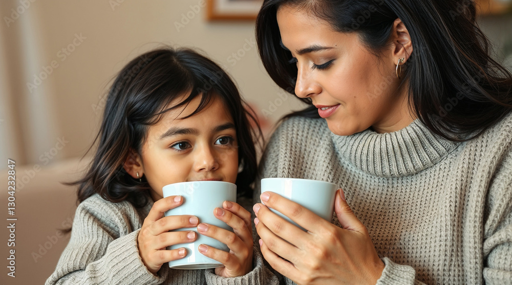 Mother and child drink teacoffee together at the table in a cozy atmosphere Mother and child drink teacoffee together at the table in a cozy atmosphere