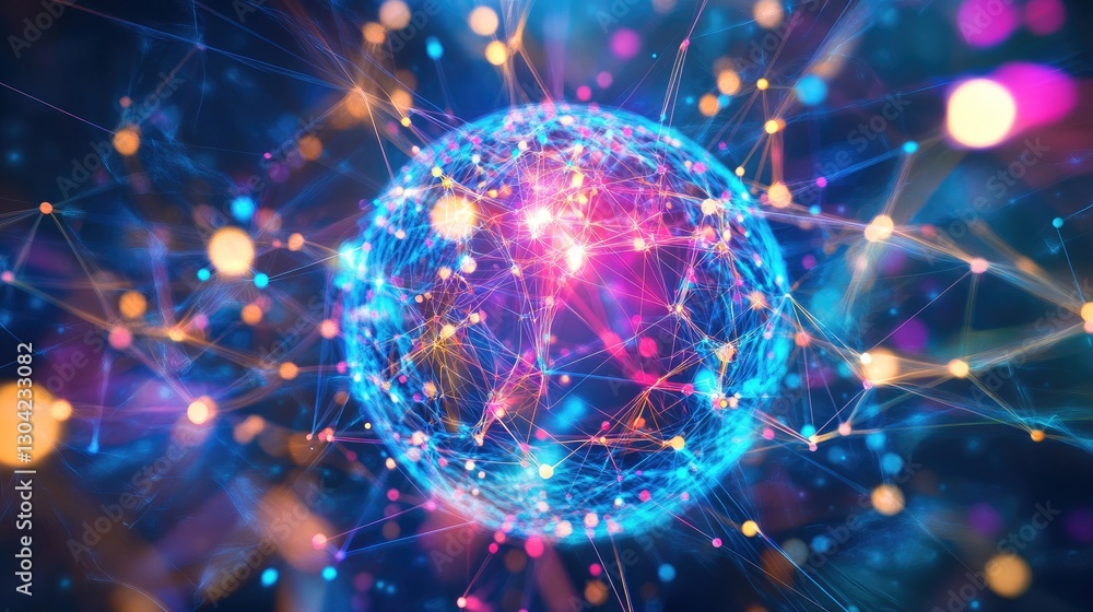 A vibrant, abstract sphere with colorful nodes and connections radiating from its core, representing interconnected ideas or data networks