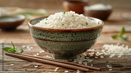 Raw white rice with chop sticks. Bow of uncooked rice photo