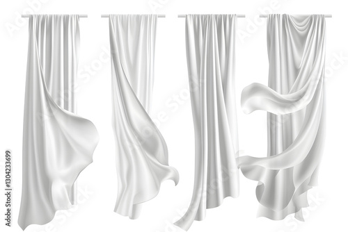 Realistic set of white curtains hanging. Vector illustration of silk fabric sheets, veil fluttering in wind. Home textile, light drapery, placed on white or transparent background
