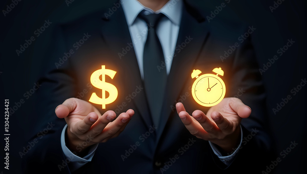 Potrait of business decision concept with time and money balance in hands, time is money, money management Potrait of business decision concept with time and money balance in hands, time is money, money management