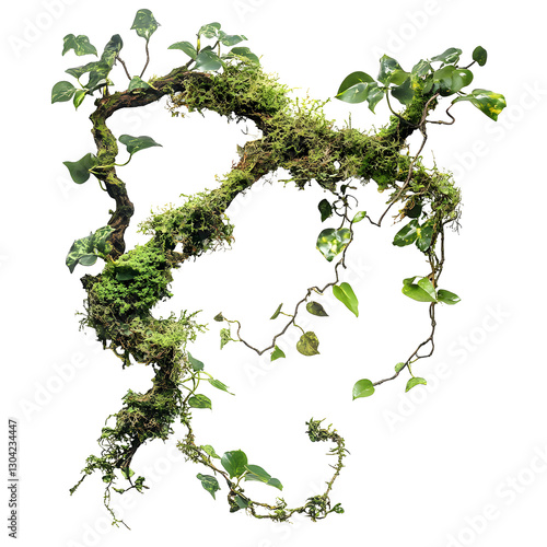 Fototapeta Naklejka Na Ścianę i Meble -  Twisted wild liana messy jungle vines plant with moss, lichen and wild climbing orchid leaves placed on white or transparent background