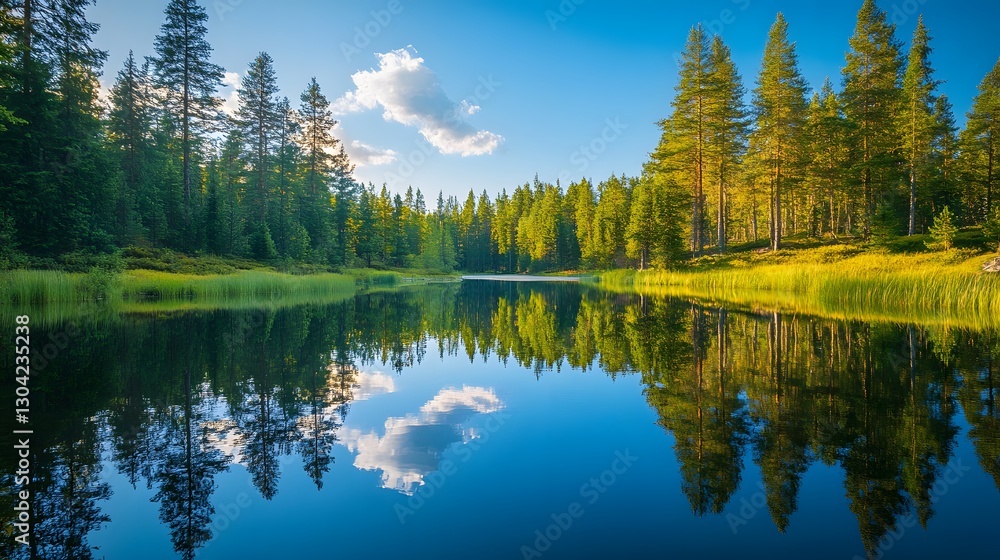 A mirror-like lake set among towering pines with a flawless reflection A mirror-like lake set among towering pines with a flawless reflection
