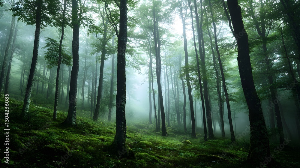 Fototapeta premium A fog-laden ancient forest with towering trees and diffused soft light