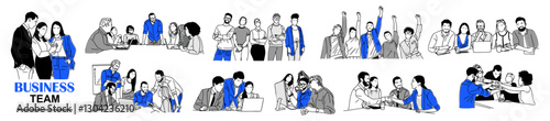Business team concept illustrations. Set of scenes with men and women working together, supporting each other. Vector simple outline drawing for graphic, web design Isolated