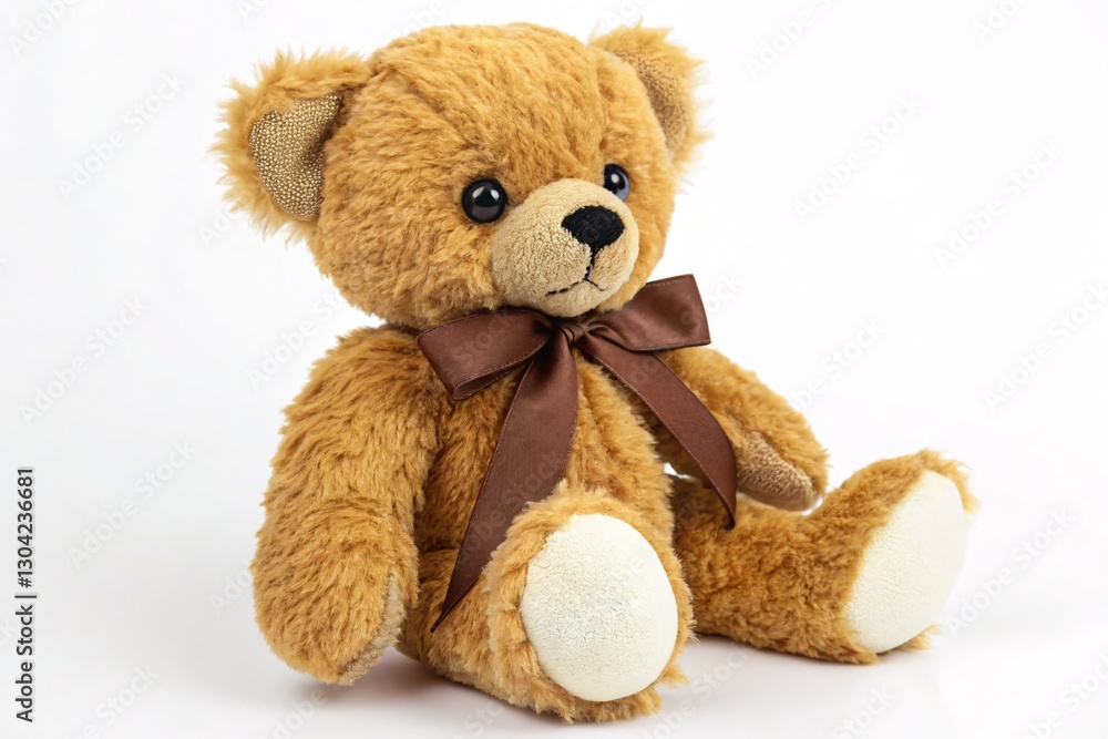 Fototapeta premium Cute brown teddy bear with ribbon sitting on white background, soft plush toy for children
