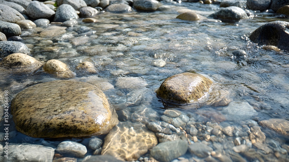 A crystal-clear mountain stream flowing over smooth stones in a verdant glen A crystal-clear mountain stream flowing over smooth stones in a verdant glen
