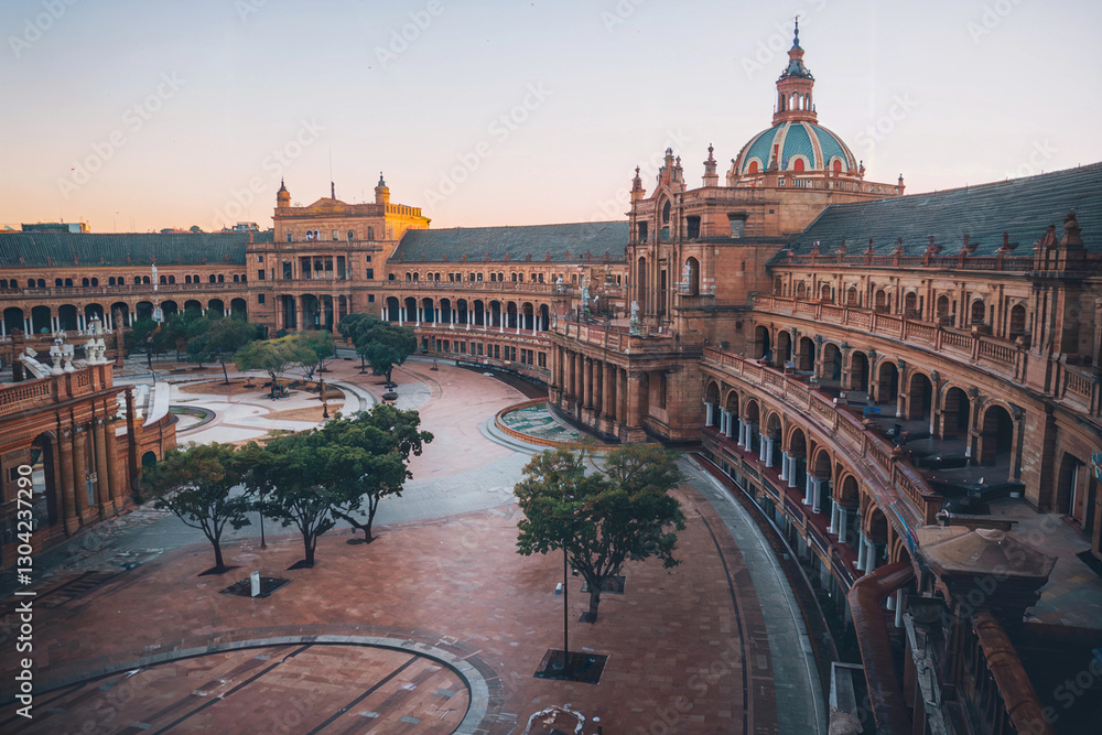 Obraz premium Historic architecture in Seville showcasing beautiful courtyard at sunset with trees and warm lighting