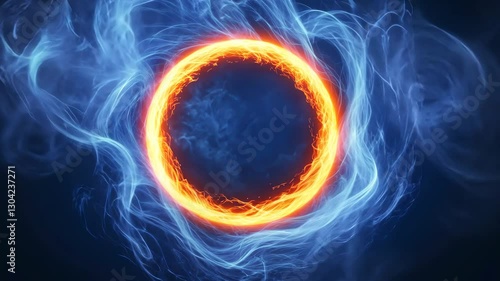 Glowing Fiery Ring Surrounded by Swirling Blue Smoke Creates Mystical and Dynamic Visual Effect, Evoking Sense of Energy and Mystery with Glowing Orange Ring of Fire Surrounded by Swirling Blue