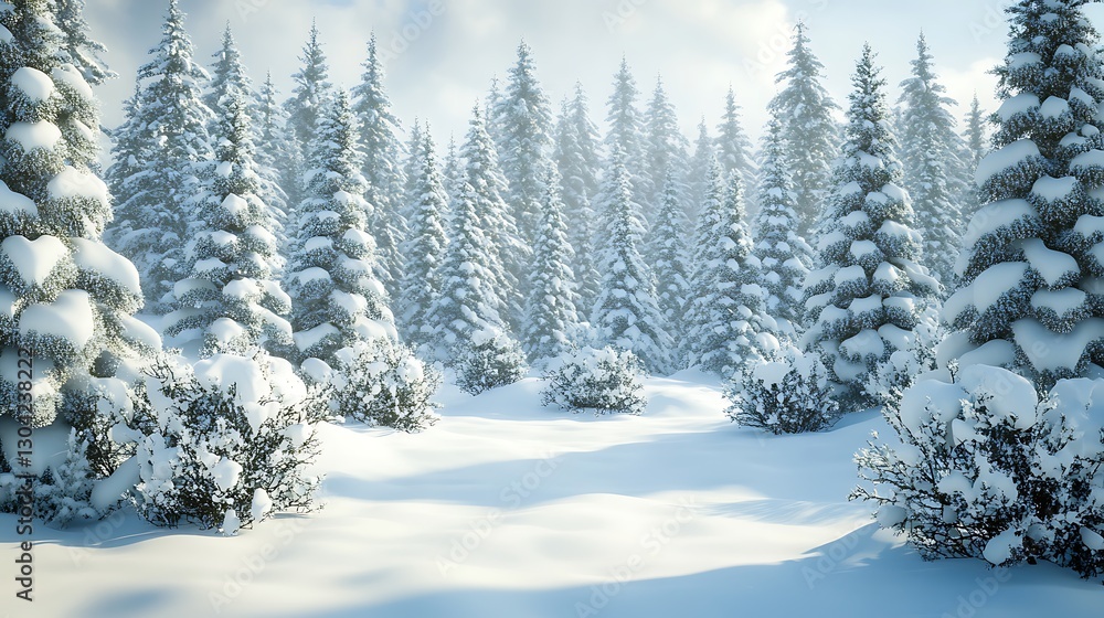 Obraz premium Snow-covered trees fill a forest clearing as clouds drift by. Background, postcard