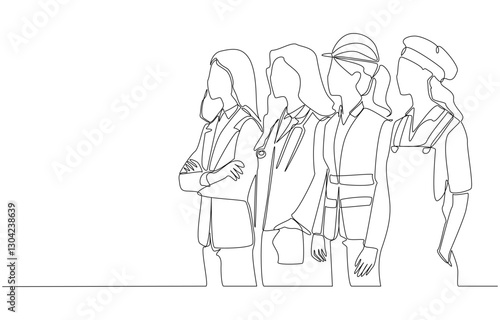Continuous one line drawing of Women in various professions standing side by side, international women's day, single line art