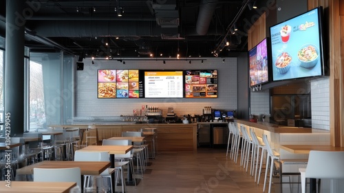 Digital signage screens illuminate the stylish interior of a modern restaurant, showcasing menus, specials, and vibrant promotions in a high-tech dining space.