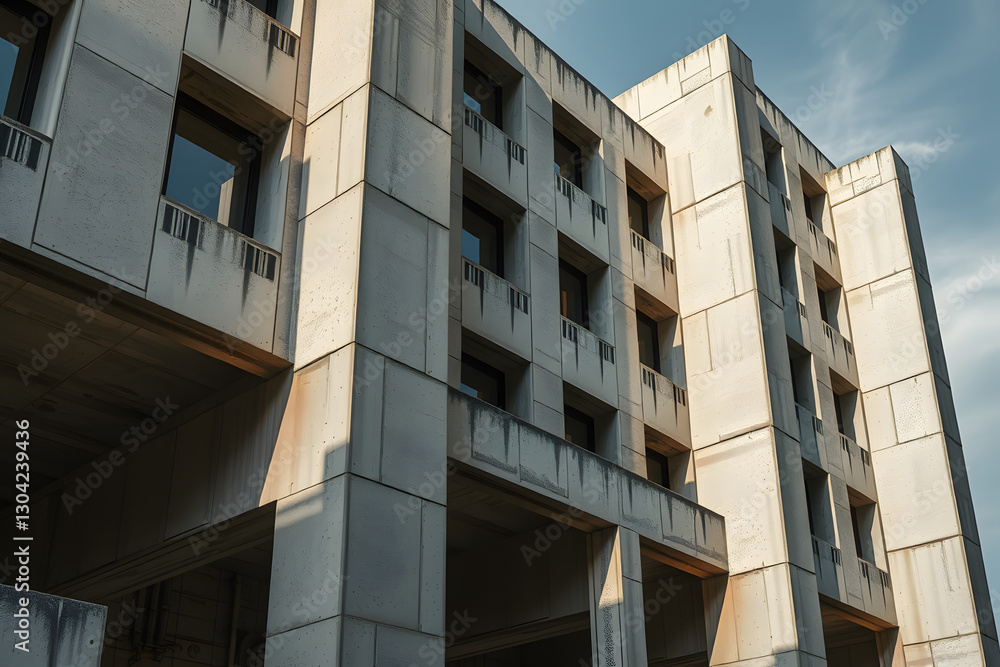 Brutalism style building - office tower, residence picture. Architecture extrerior perspective image with clouds, aesthetic wallpaper, sunny view Brutalism style building - office tower, residence picture. Architecture extrerior perspective image with clouds, aesthetic wallpaper, sunny view