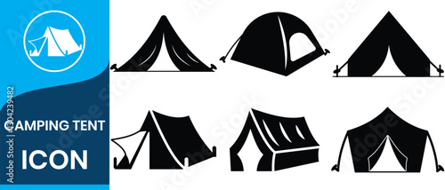 Camping tent silhouette set. Tourist tent with a canopy, reinforced with a rope with a peg,the shape of a nylon hemisphere dome, monochrome, a symbol of open travel and relaxation. vector illustration