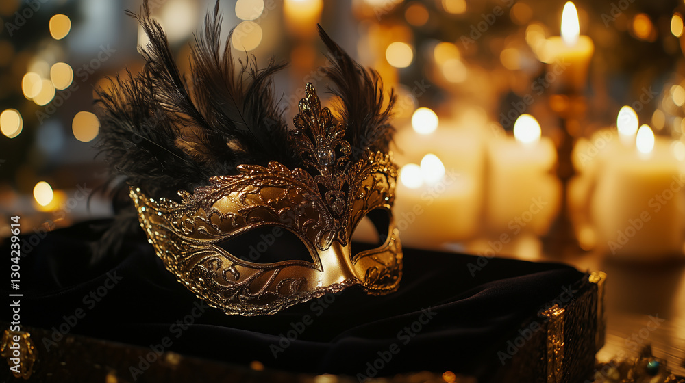Naklejka premium Elegant Black and Gold Masquerade Mask with Feathers and Candlelight
