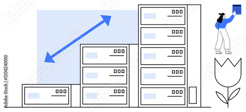 Stacked boxes with blue arrow pointing upward symbolize growth a person adds a piece while a flower represents sustainability. Ideal for progress, innovation, teamwork, organization, strategy
