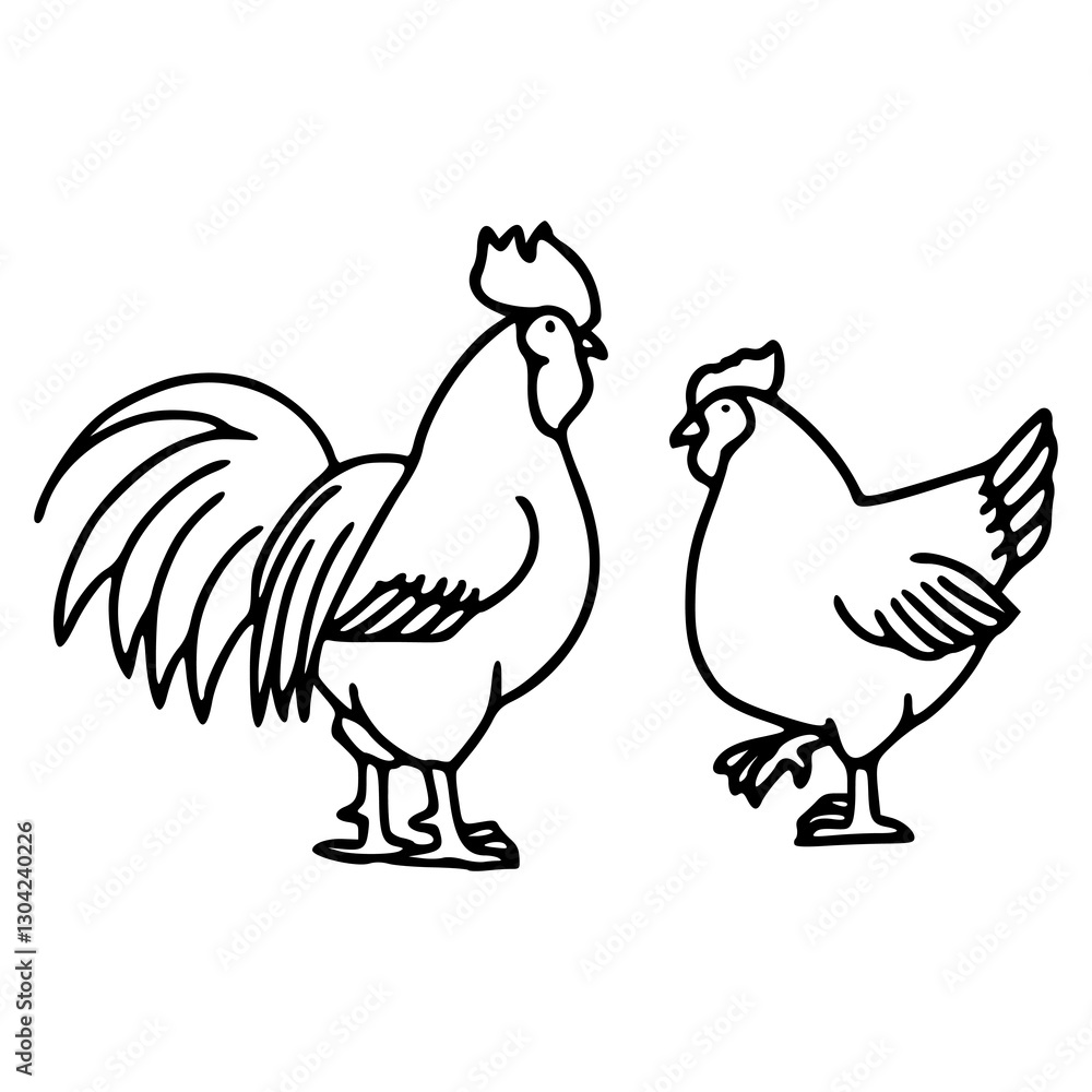 outline drawing of a rooster and hen outline drawing of a rooster and hen