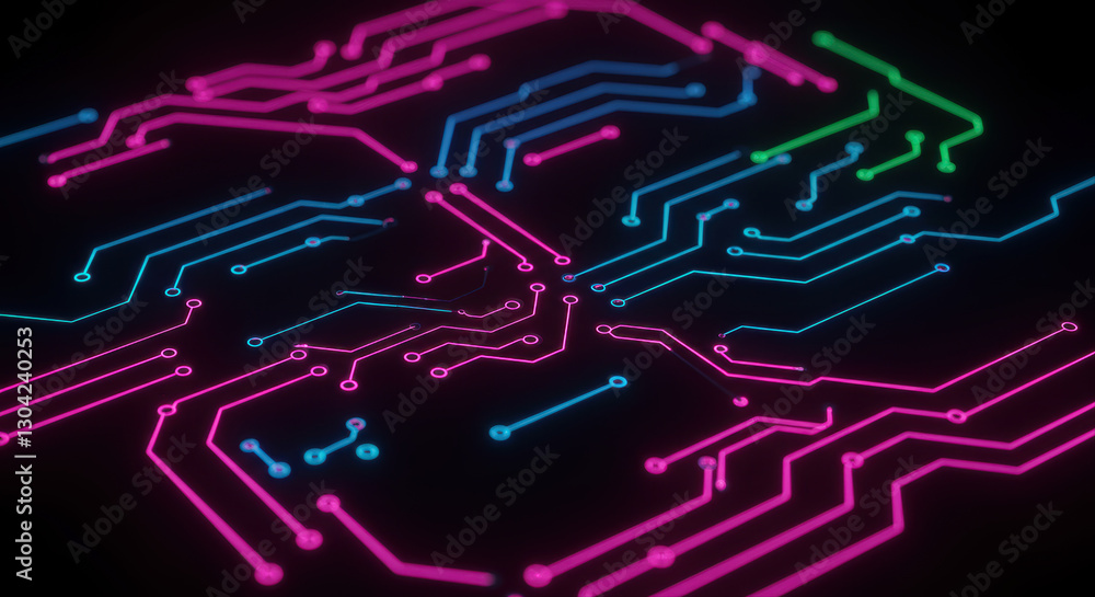 A vibrant network of interconnected circuits glows with neon colors on black. A vibrant network of interconnected circuits glows with neon colors on black.
