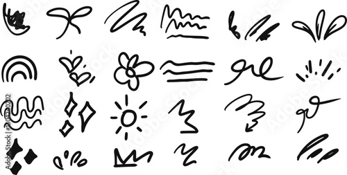 Kids line doodle scribble vector features scribble, stars, arrows, flowers, hearts, waves, spirals, rainbow, sun sets